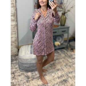 Leopard Long Sleeve Contrast Piping PJ Pajama Button Down Dress Pink 2322